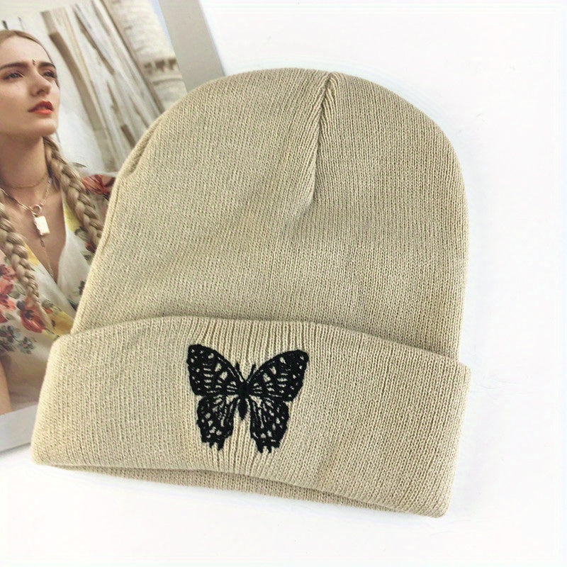 Y2K Butterfly Embroidered Beanie Hat Hip Hop Knit Couple Skull Cap