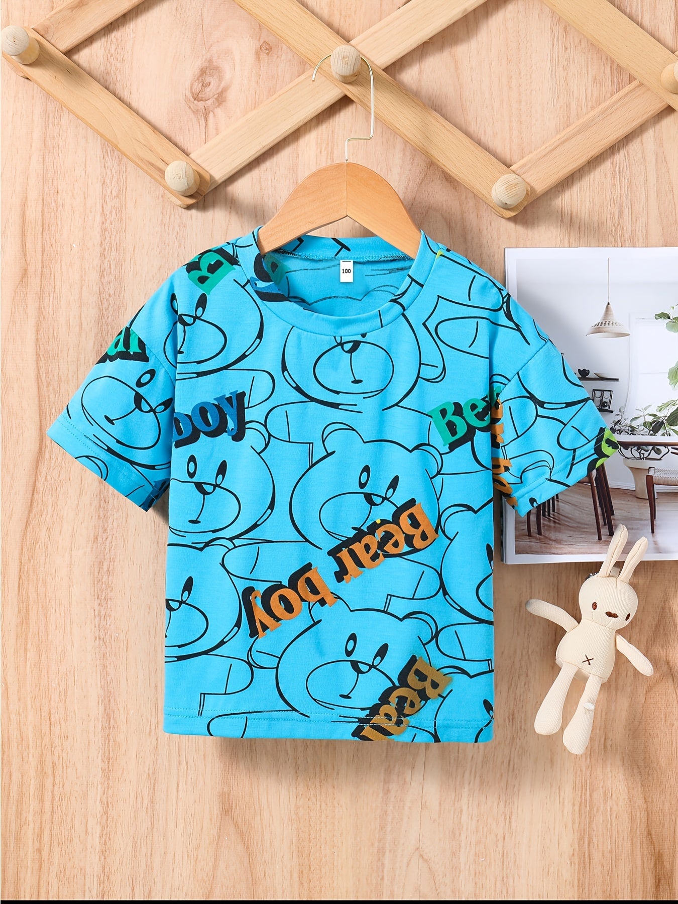 Bear Print Loose Short sleeved T shirt For Baby Boys