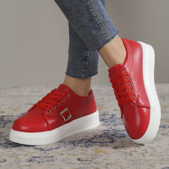 Women's PU Leather Casual Shoes Lightweight Low Top Lace Up Platform Sneakers