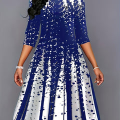 Women's Plus Polka Dot & Stripe Print Round Neck A-line Maxi Dress