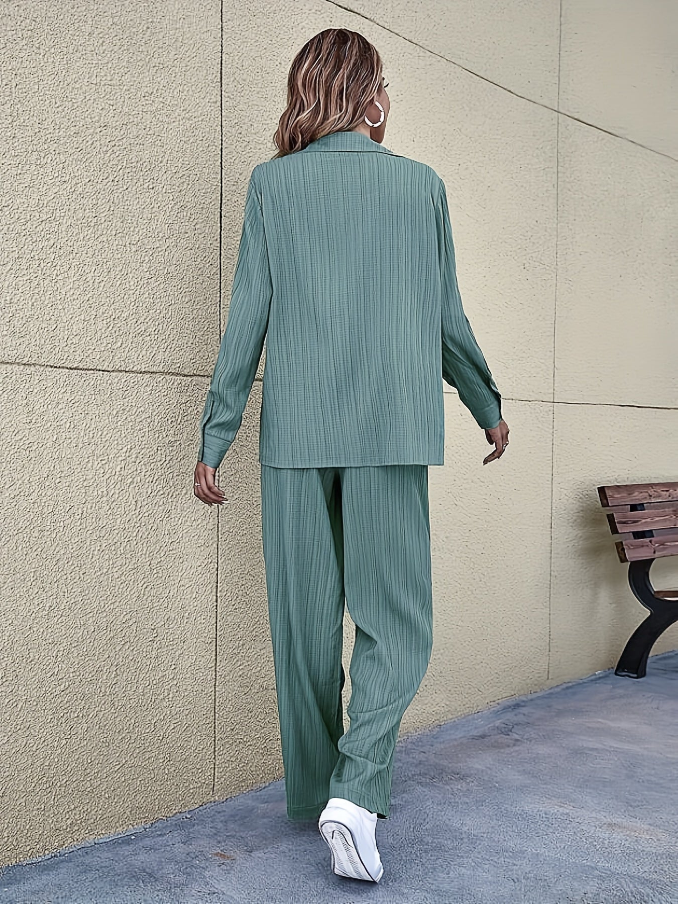Solid Textured Two piece Set Polo Collar Long Sleeve Shirt & Elastic Waist Pants