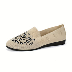 Leopard Print Flat Shoes Breathable Knit Slip On Lightweight Round Toe Shoes