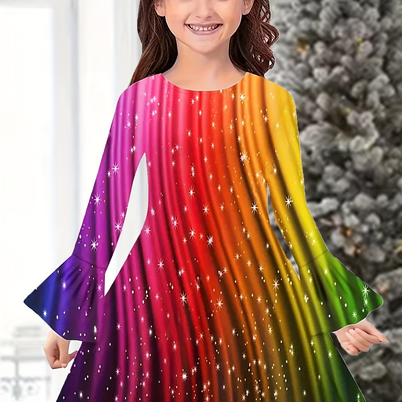 Rainbow Flare Sleeve Dress Girls Comfy Kids Clothes