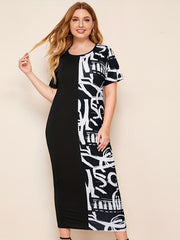 Colorblock Letter Print Slim Fit Round Neck Dress