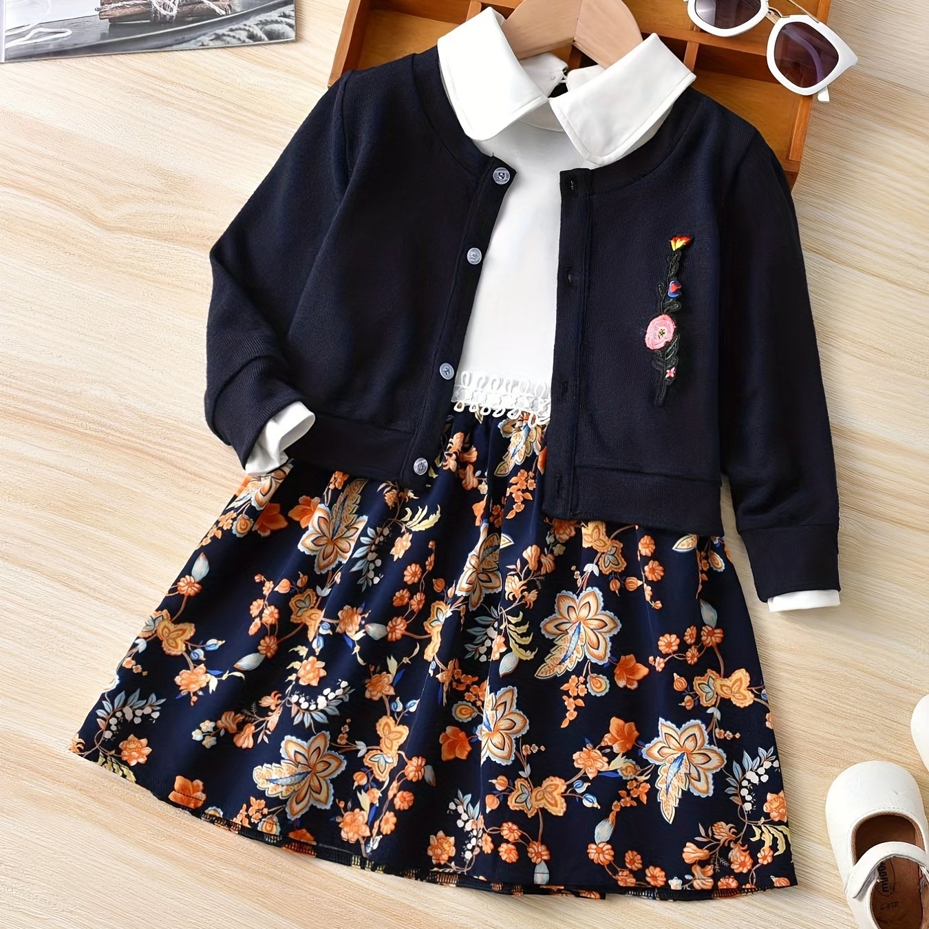 Girls Floral Print Collar Long Sleeve Shirt Dress Kids Party Holiday Dress