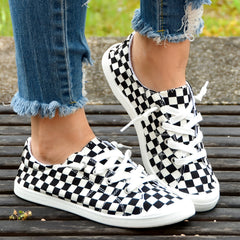 Women's Checkerboard Flat Canvas Shoes Lace up Low Top Casual Walking Shoes