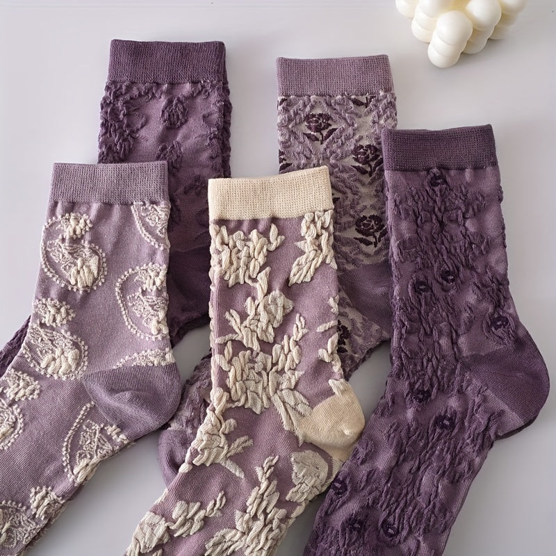 5 Pairs 3D Floral Textured Socks Retro Ethnic Style Mid Tube Women's Stockings