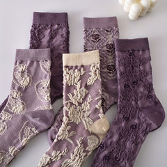 5 Pairs 3D Floral Textured Socks Retro Ethnic Style Mid Tube Women's Stockings