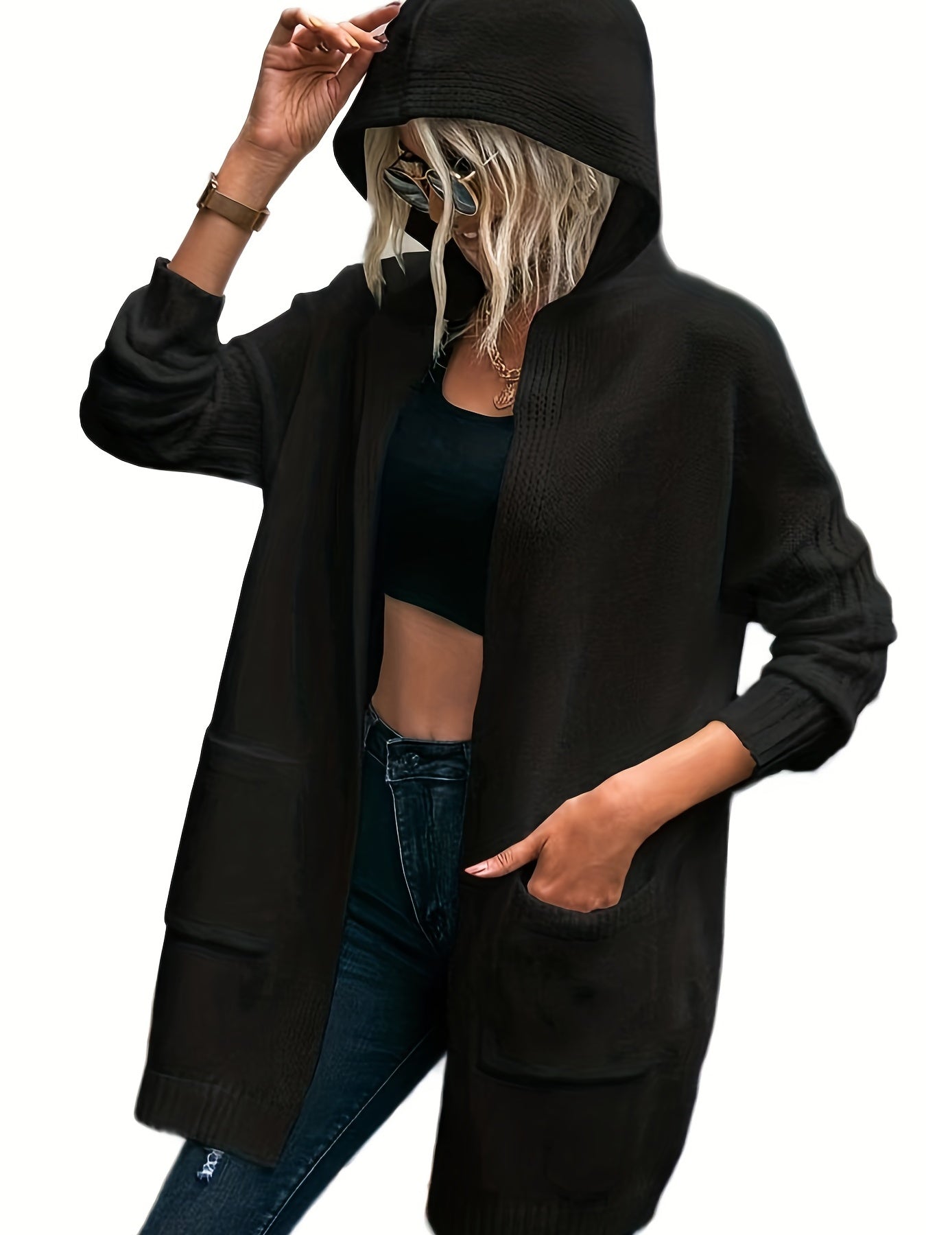 Open Front Hooded Cardigan with Pockets