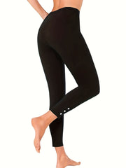 Sports Leggings Women's Plus Solid Button Detail Wide Waistband