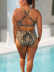 Leopard Print Bikini Set Crisscross Back Tie Bra & Panty Swimsuit