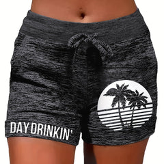 Coconut Tree & Letter Print Drawstring Shorts Casual Shorts