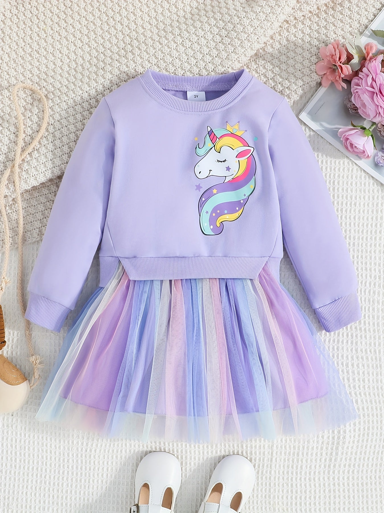 Toddler Girls Unicorn Graphic Mesh Spliced Dress Kids Party Clothes