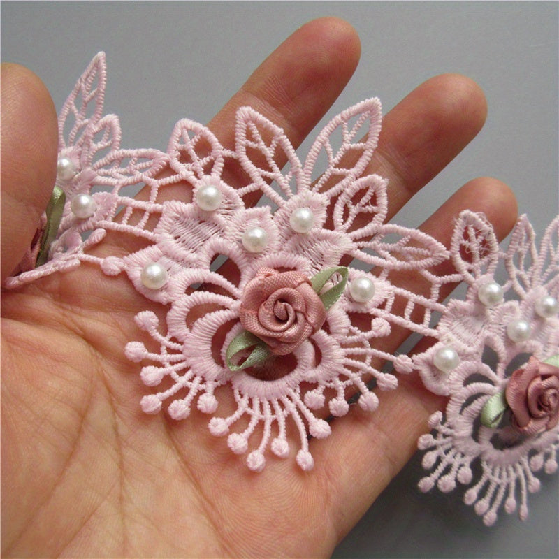 Faux Pearl Flower Lace Trim Embroidered Ribbon Fabric Sewing Craft 1 Yard