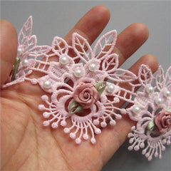 Faux Pearl Flower Lace Trim Embroidered Ribbon Fabric Sewing Craft 1 Yard