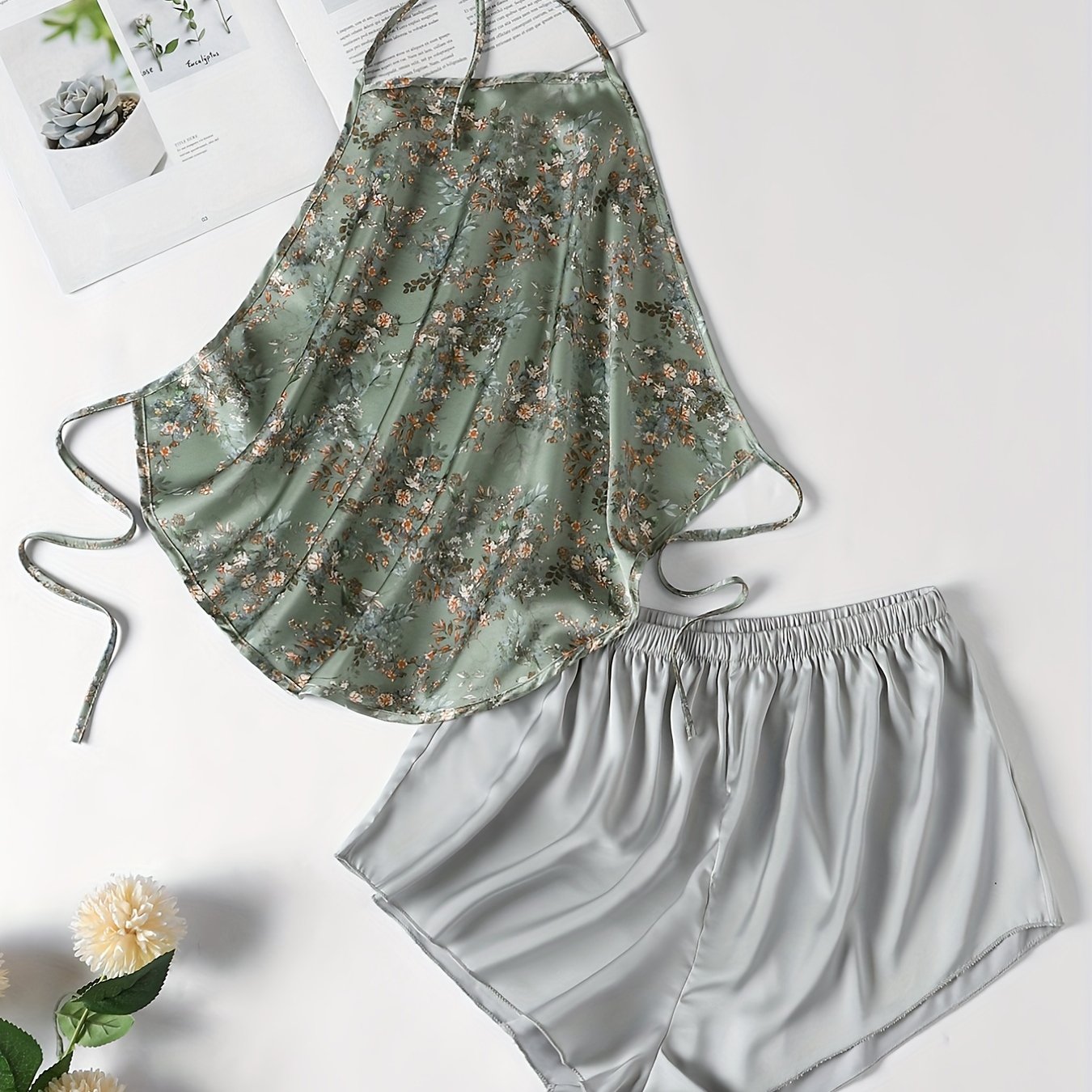 Floral Print Pajama Set Halter Lace Up Top & Shorts