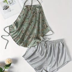 Floral Print Pajama Set Halter Lace Up Top & Shorts