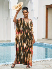 Tie Dye Striped Bat Sleeve V Neck Beach Cover Up