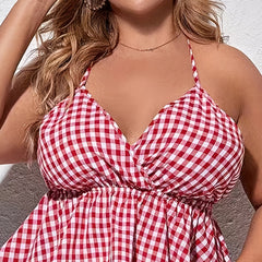Gingham Print Halter Neck Peplum Top