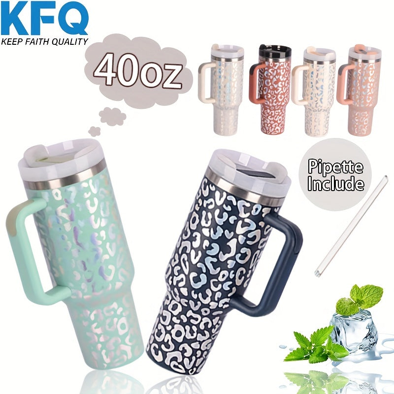 40oz Insulated Leopard Print Water Bottle with Handle Straw Lid