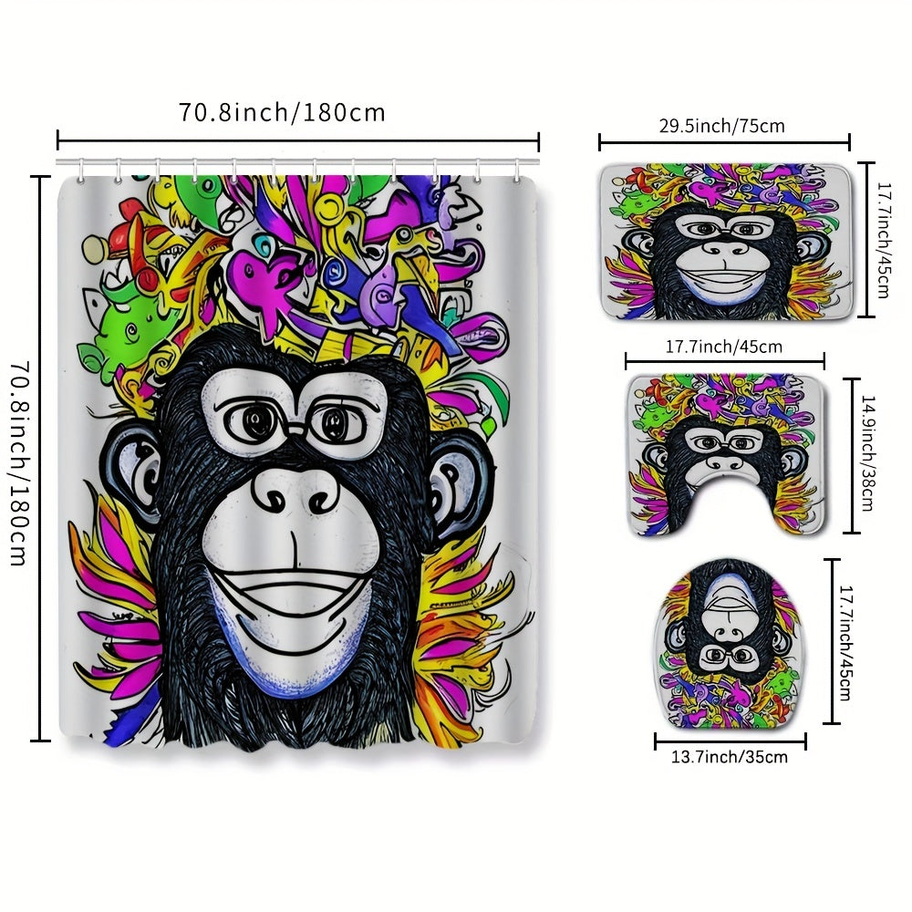 Cartoon Monkey Print Shower Curtain & Bathroom Rug Set
