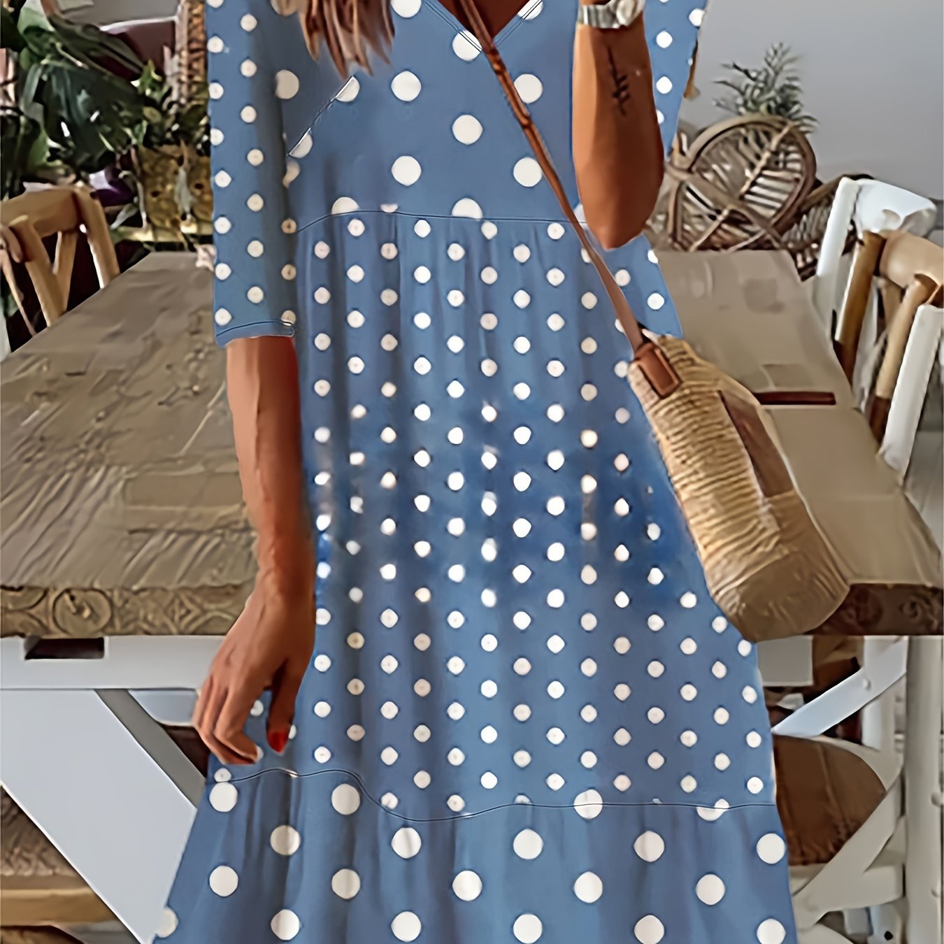 Dot Print V Neck Stretch Maxi Dress
