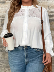 Blouse Women's Solid Eyelet Embroidery Mock Neck Shirt