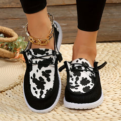 Women's Cow Graphic Patchwork Boat Shoes Lace Up Low Top Canvas Shoes