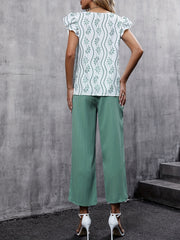 Ruffle Sleeve V Neck Blouse & Wide Leg Pants Set
