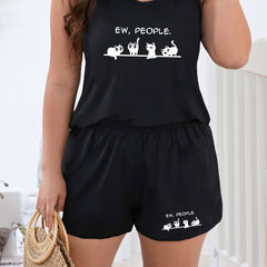 Cat Print Tank Top & Shorts Pajama Set
