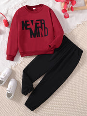 Boys 2pcs Sweatshirt & Pants NEVER MIND Print Top Casual Kids Clothes