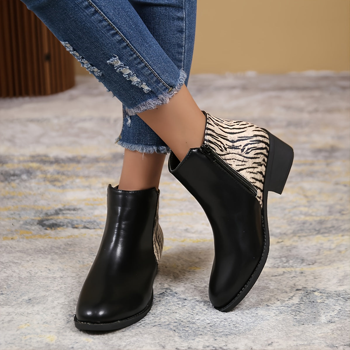 Women's Tiger Print Short Boots Side Zipper Fashionable Boots