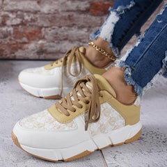 Women's Lightweight Sneakers Low Top Lace Up Knit & Faux Leather Patch Shoes