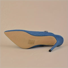 Denim Slingback High Heels Rhinestone Strap Slip On Stiletto Heels