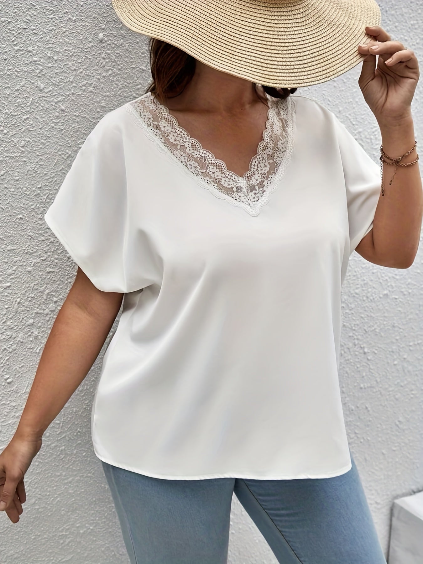 Solid Lace Bat Sleeve V Neck Tee Blouse