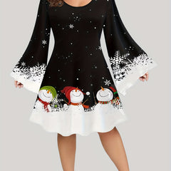 Plus Snowman Print Bell Sleeve Round Neck Dress