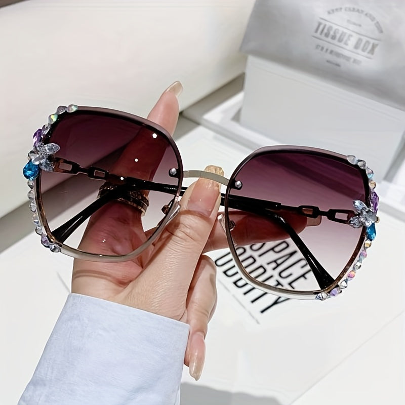 Rhinestone Rimless Sunglasses UV400 Gradient Glasses