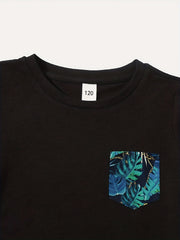 Boys Teen Casual Pocket Patched T shirt & Leaf Shorts Set for Summer