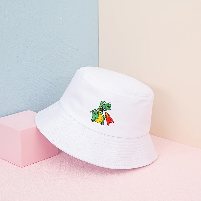Dinosaur Embroidery Bucket Hat Solid Casual Summer Sunscreen Fisherman Cap