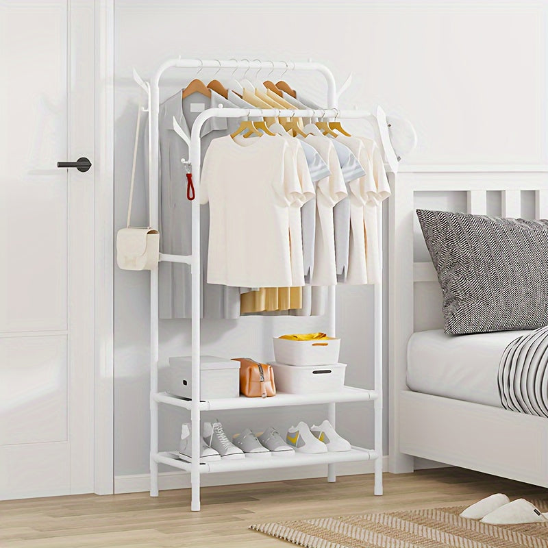 Double Rod Clothes Drying Rack With Hooks Standing Garment Clothes Rack