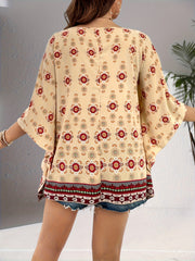 Boho Blouse Women's Plus Floral Print Bat Sleeve Round Neck Cover Up