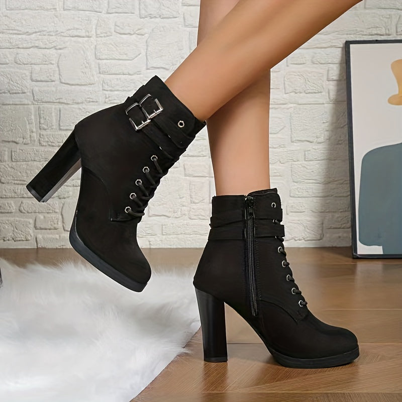 Women's Block Heel Lace Up Pumps Buckle Strap Shoes