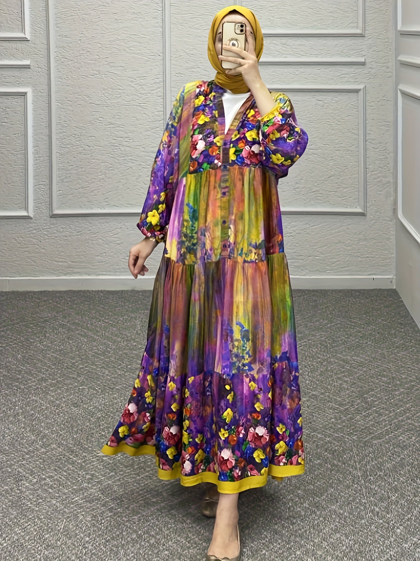 Plus Size Painting Print Maxi Dress Lantern Sleeve Kaftan