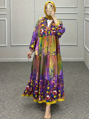 Plus Size Painting Print Maxi Dress Lantern Sleeve Kaftan