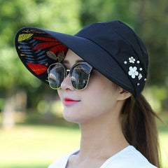 Faux Pearl Flower Decor Visor Hat Solid Ponytail Sun Hat UV Protection