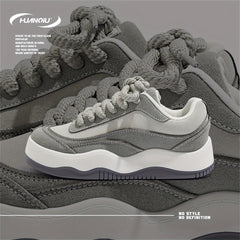 HUANQIU Women's Retro Board Shoes Thick Sole Round Toe Lace Up Sports Sneakers