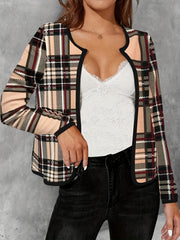 Plaid Print Crew Neck Jacket Casual Open Front Long Sleeve Outwear