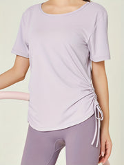 Solid Drawstring Pleated Detail Yoga T-shirt Short Sleeve Moisture Wicking Top