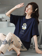 Floral Print Lounge Set Short Sleeve Top & Pants Women's Loungewear