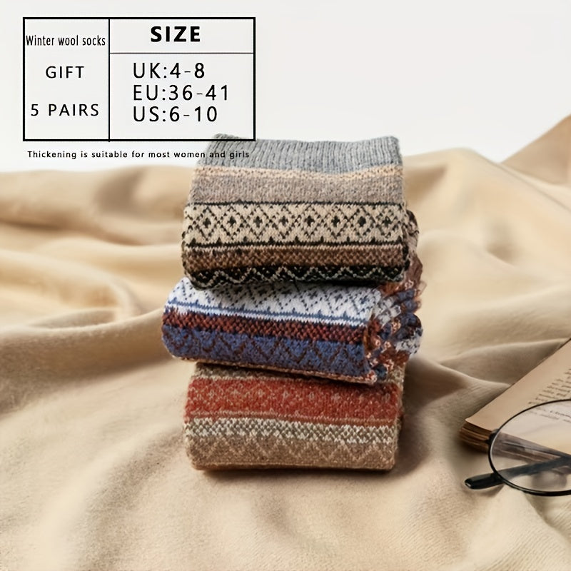 5 Pairs Geometric Pattern Warm Mid Tube Socks Women's Stockings